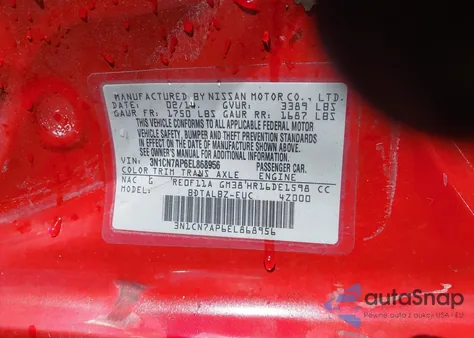 2014 Nissan Versa 1.6 S/1.6 S+/1.6 Sl/1.6 Sv z USA, uszkodzony, nr VIN 3N1CN7AP6EL868956